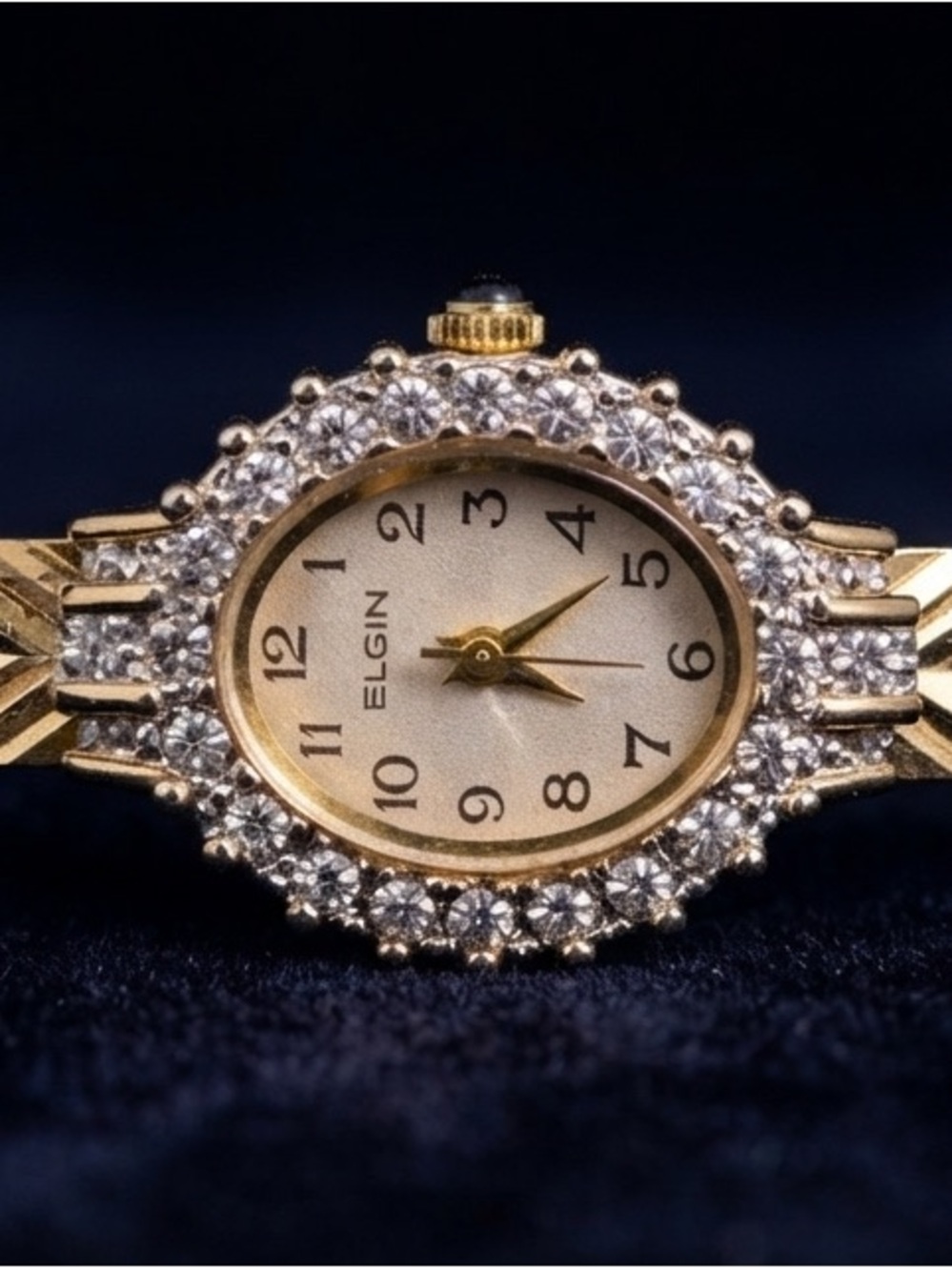 Elgin Gold-Tone Rhinestone Oval Dress Watch with Textured Link Bracelet